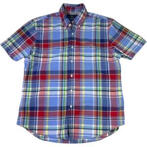 Ralph Lauren Button Down Shirt Short Sleeve Men's Large Flesh Pony Preppy Plaid